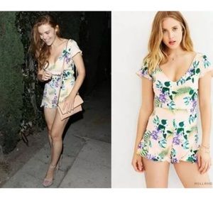 New For Love & Lemons Large Cream, Green Tropical Print Short Sleeve Romper